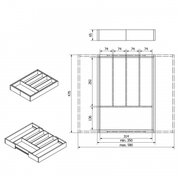 ORGA-BOX® UNIVERSAL Bambus Besteckeinsätze ausziehbar 400 - 600 mm Schubladen