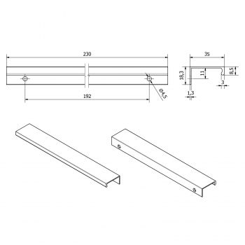 10 Stück Griffleiste SW120 Länge 230 mm Aluminium Chrom matt