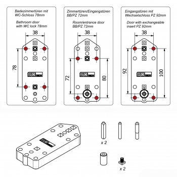 Bohrschablone für Türdrücker Rosettengarnitur mit 72 mm, 78 mm, 92 mm Entfernung