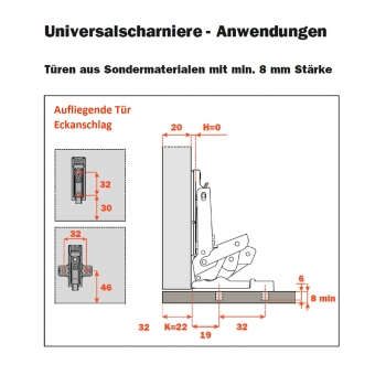 Salice Universalscharnier für dünne Türen ab 8 mm Stärke Push-Open mit Negativfeder 110° Nickel matt
