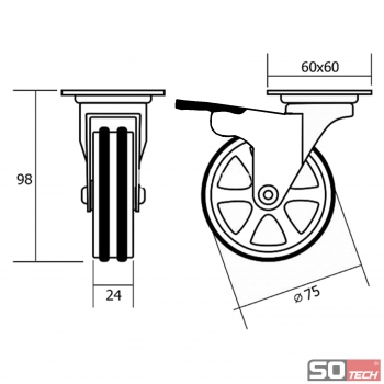 Design Möbelrolle BOBBY Ø 75 mm Aluminiumrad Tragkraft bis 50 Kg