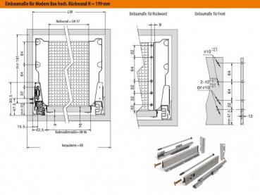 Modern Box Schubladensystem grau hoch (199 mm) 250 - 550