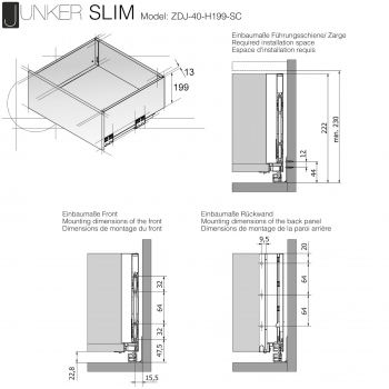 Schubladensystem JUNKER SLIM anthrazit H: 199 mm SoftClose bis 40 Kg belastbar