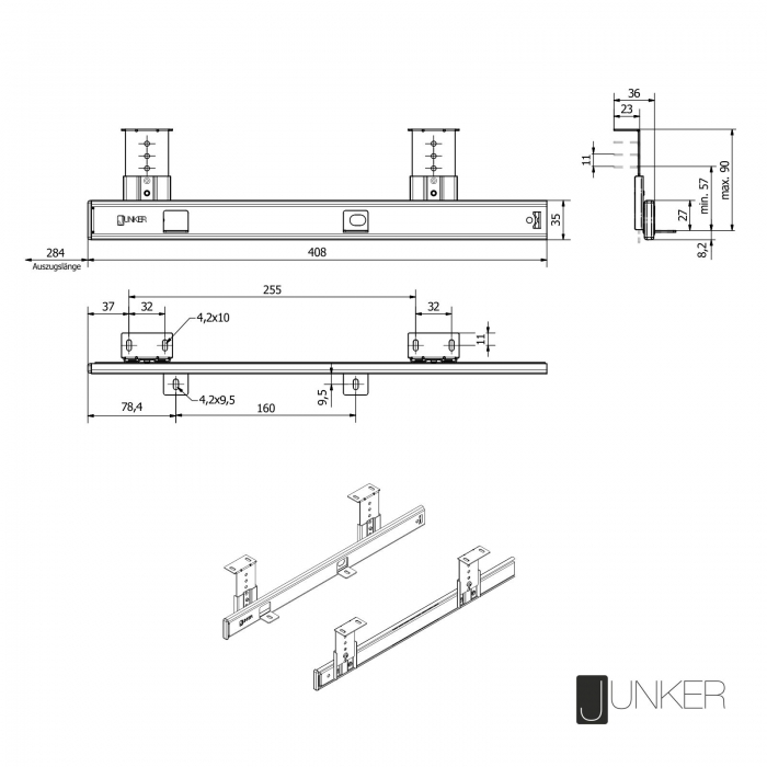 JUNKER Unterbau Tastaturauszug Teilauszug KT1-30-H35-400-NF 400 mm schwarz oder verzinkt