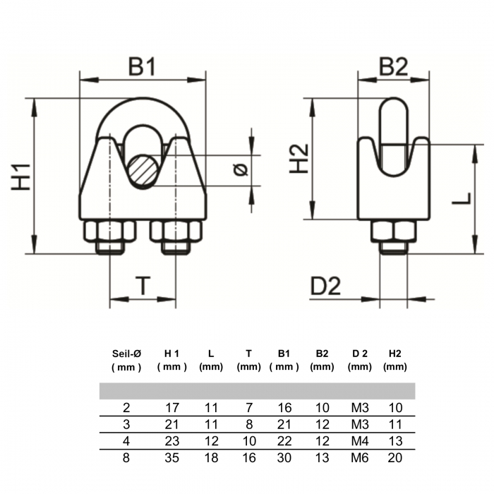 Drahtseilklemme für 2 mm - 8 mm Edelstahl AISI 316 (V4A)