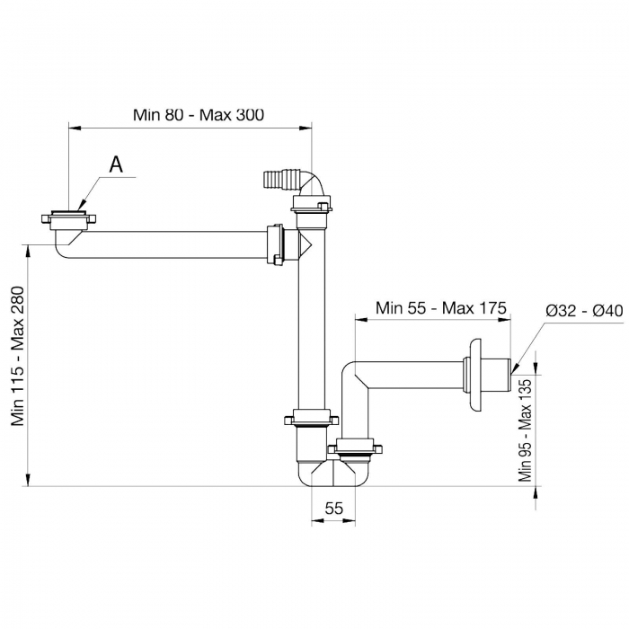 LIRA Raumspar-Siphon mit Geräteanschluss, 32 - 40 mm, weiß, Ablaufgarnitur A.1115.02 für Küche und Bad