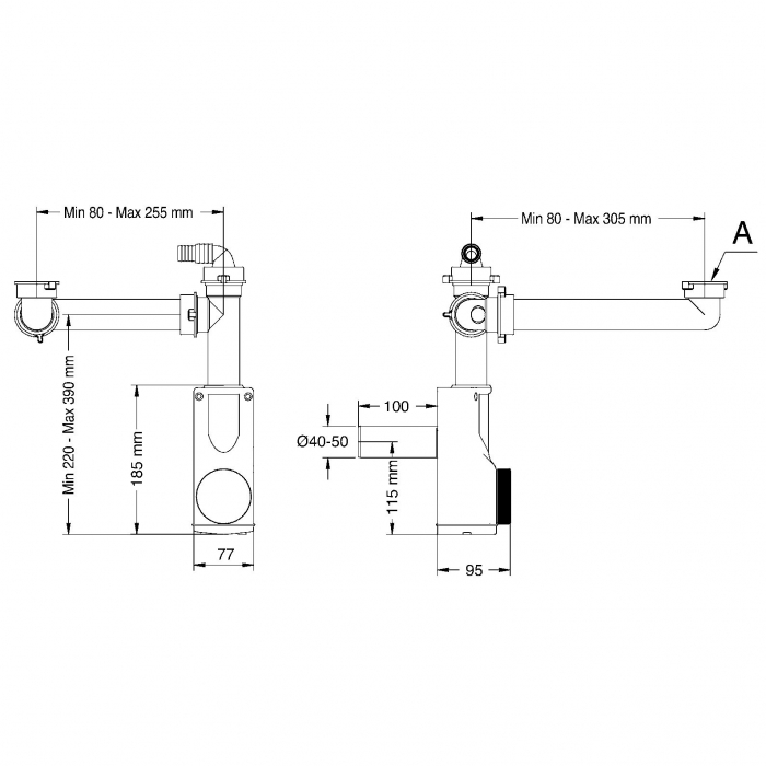 LIRA Raumspar-Siphon mit Revisionsöffnung u. Geräteanschluss, 32 - 40 mm, weiß, Ablaufgarnitur 9.1289.03 für Küche und Bad