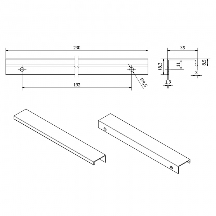 10 Stück Griffleiste SW120 Länge 230 mm Aluminium Chrom matt