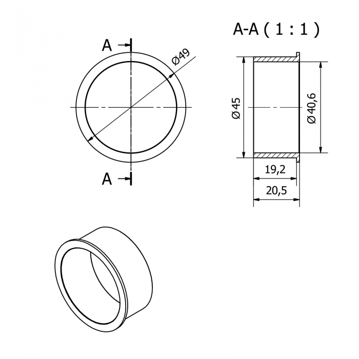 Kabeldurchlass Edelstahl - Einbau-Ø 45 mm / Außen-Ø 49 mm