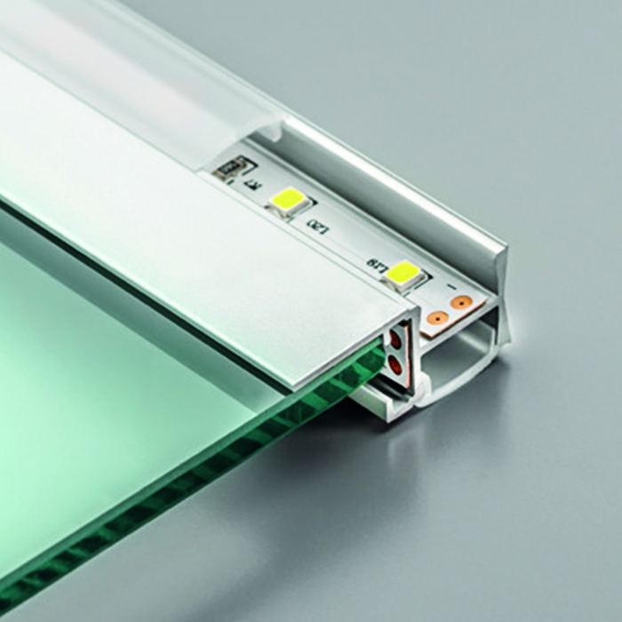LED Profil-49 für Glasplatten 8 - 12 mm Stärke 2 m mit klarer Abdeckung für drei LED Streifen
