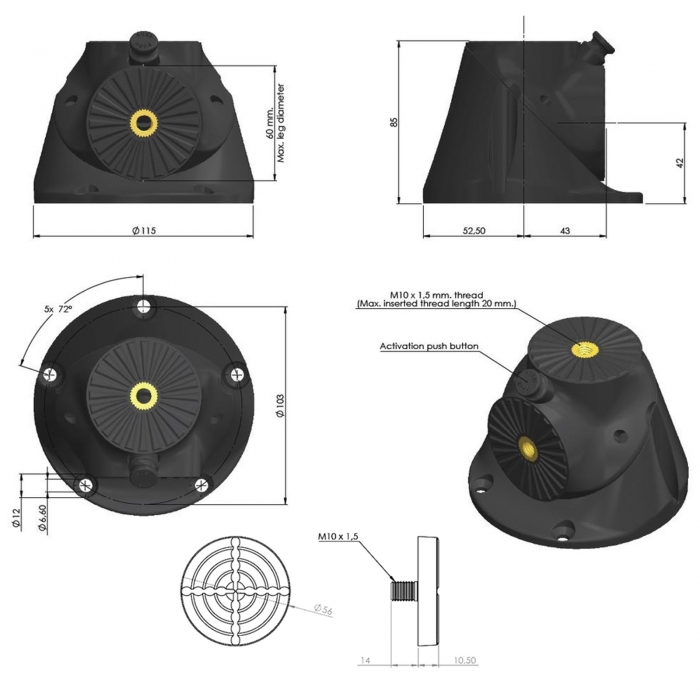 Tischbein-Drehbeschlag CURLY schwarz Ø 115 mm Höhe 85 mm M10 klappbar durch Drehung