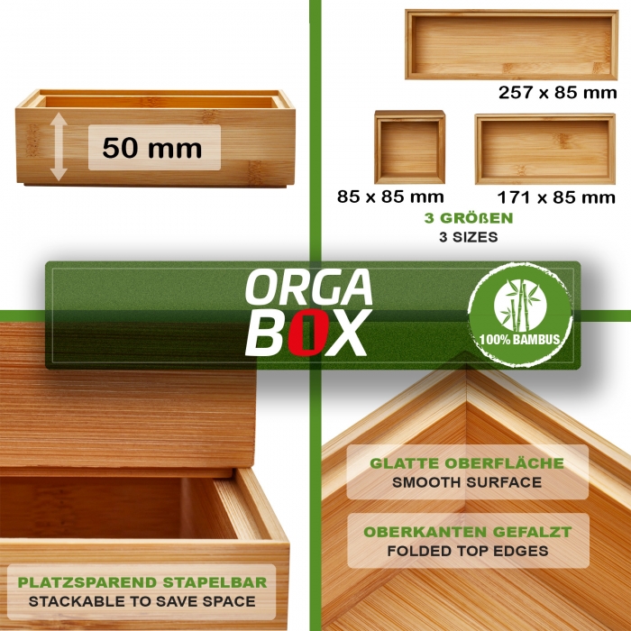 ORGA-BOX BAMBUS Schubladen Ordnungssystem stapelbar, 6 oder 12 teiliges Set, geölt