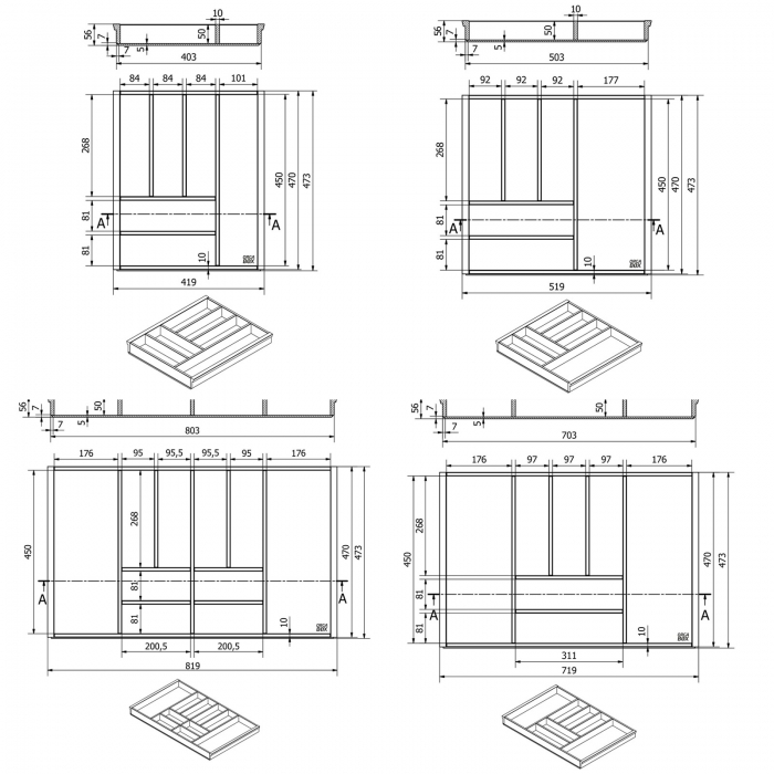 Orga-Box-1 BAMBUS Besteckeinsatz Tiefe 473 mm für Blum Tandembox / Antaro Schubladen