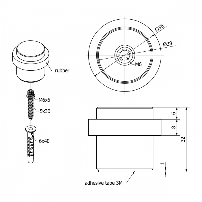 2er Set Türstopper STOPPER Ø 36 mm H: 32 mm Bodenmontage (selbstklebend / Stockschraube)