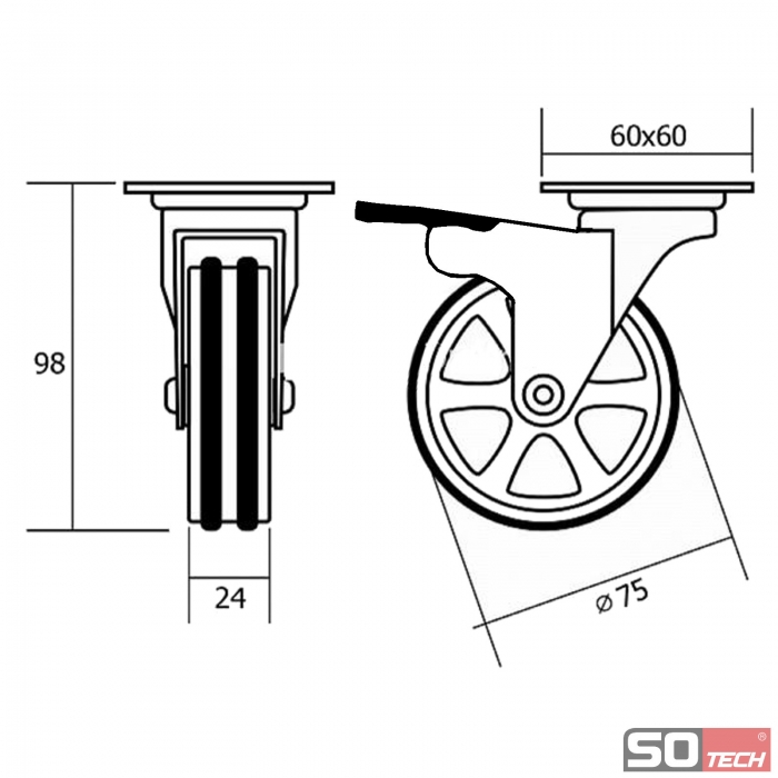 Design Möbelrolle BOBBY Ø 75 mm Aluminiumrad Tragkraft bis 50 Kg