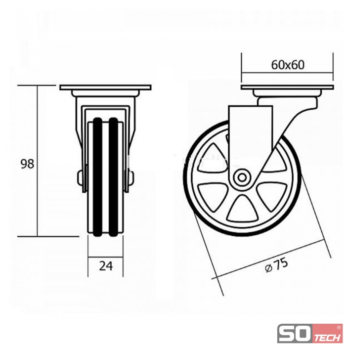 Design Möbelrolle BOBBY Ø 75 mm Aluminiumrad Tragkraft bis 50 Kg