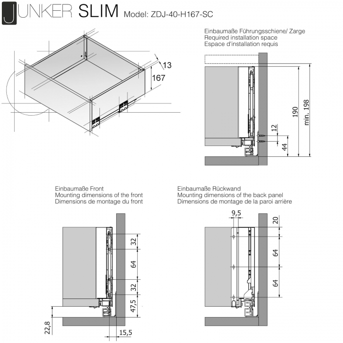Schubladensystem JUNKER SLIM anthrazit H: 167 mm SoftClose bis 40 Kg belastbar