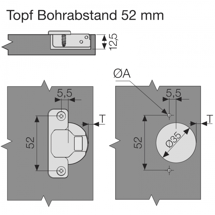 Topfband MASTER T52 110° ungedämpft + Montageplatte mit Exzenterverstellung